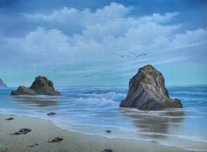 Bob Ross coastline oil painting in pastel colours