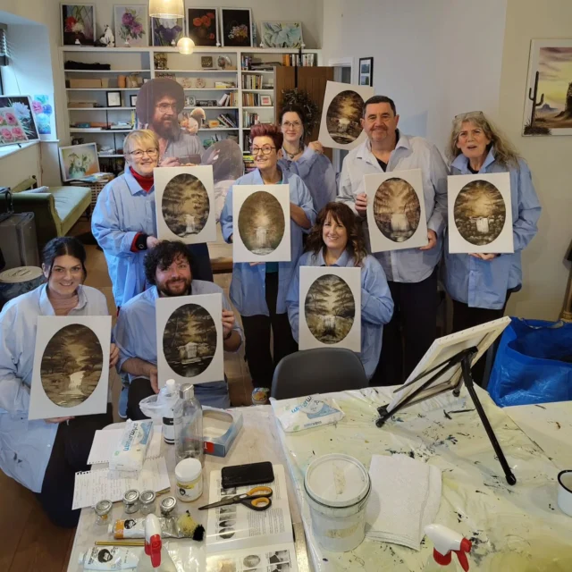 Enchanted Falls this weekend at Little Tree. Quite a technical, fiddly one with lots of Blue Peter, 'here's one I made earlier' vibes.
The group today did amazingly well! They look so impressive! 

So lovely to see old friends and new, Rach and Anthea have now done pretty much all of the landscapes available! And they also gifted me this wonderful 'Happy Accidents' necklace.

Bob Ross fans are just the best kinda people! And it's a real pleasure to hang and get our paint in together.

I really should introduce loyalty cards! What do you think?